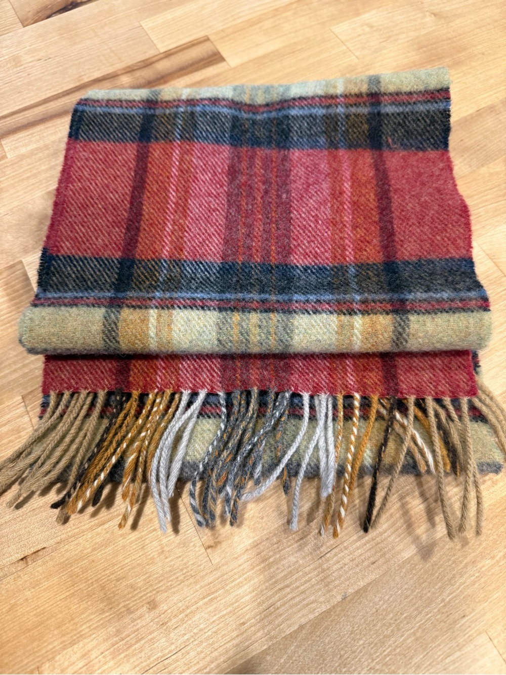 John Hanly Plaid Fringe Wool Lambswool Scarf in Red  Olive Casual